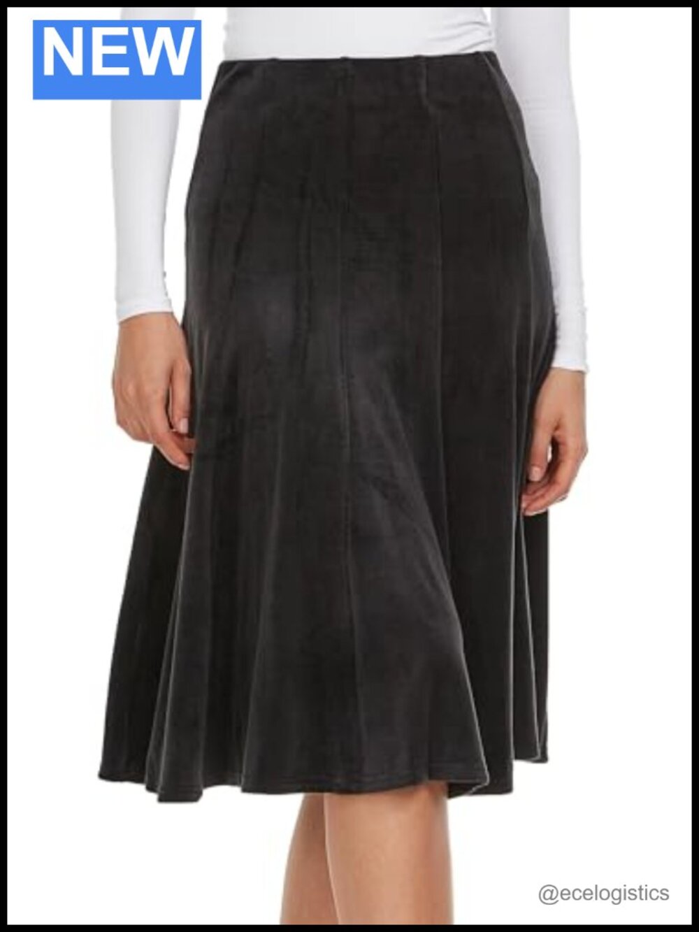 Women's Velour Panel Midi Skirt Elastic Waist A-Line Pleated 27"
